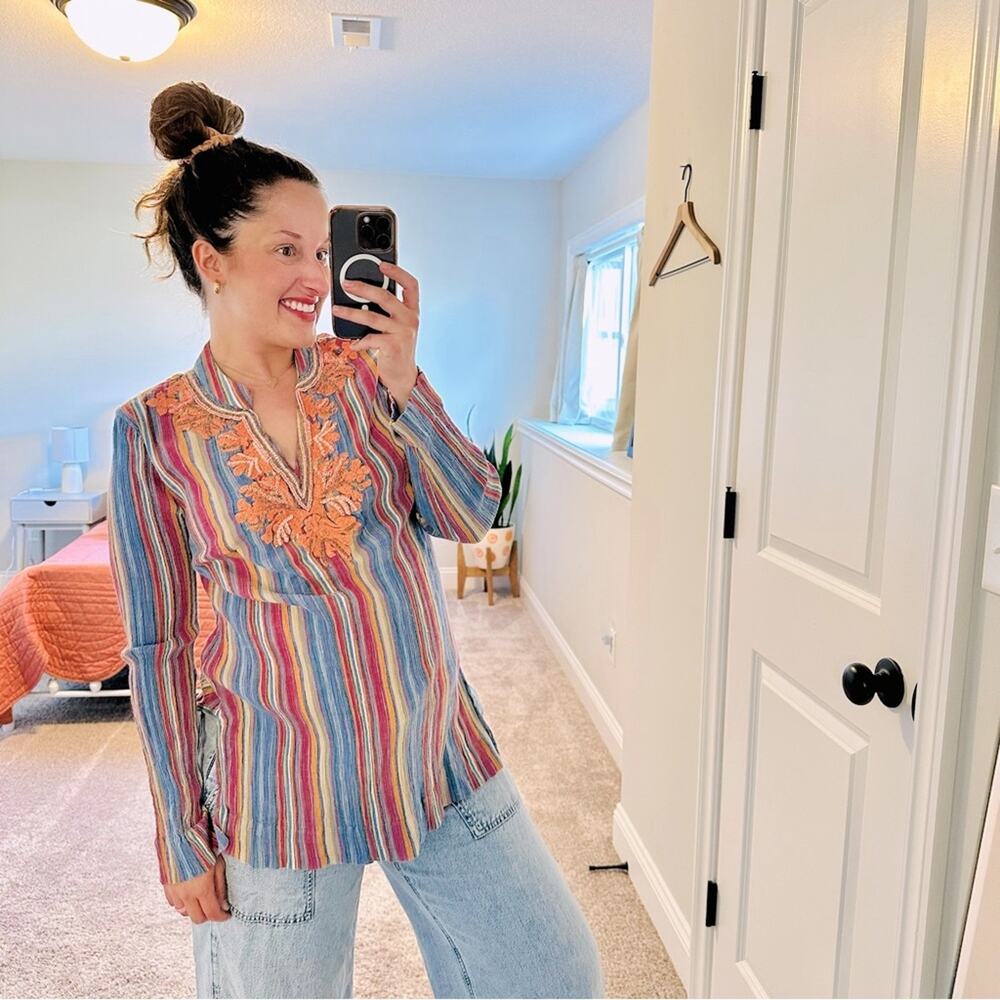 Soft Surroundings Pink Blue Striped Cotton Beaded Tunic Top Medium